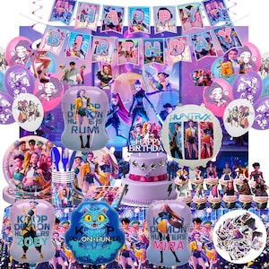 294 Pcs K-pop Demon Hunter Birthday Party Decoration Set - With Cake Toppers, Birthday Banner, Cake Topper, Table Cloth, Metallic Balloon