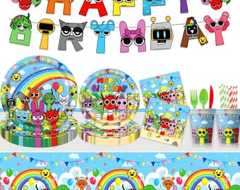 Artigos de decoração para festa de aniversário Sprunki, decoração infantil com balões, toalha de mesa e topo de bolo.