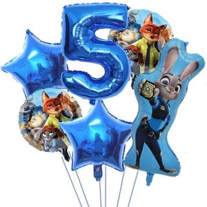 May include: A collection of blue foil balloons, including a large number 5 and star shapes. The balloons feature characters from the animated movie "Zootopia", including Judy Hopps and Nick Wilde. Perfect for a birthday celebration.