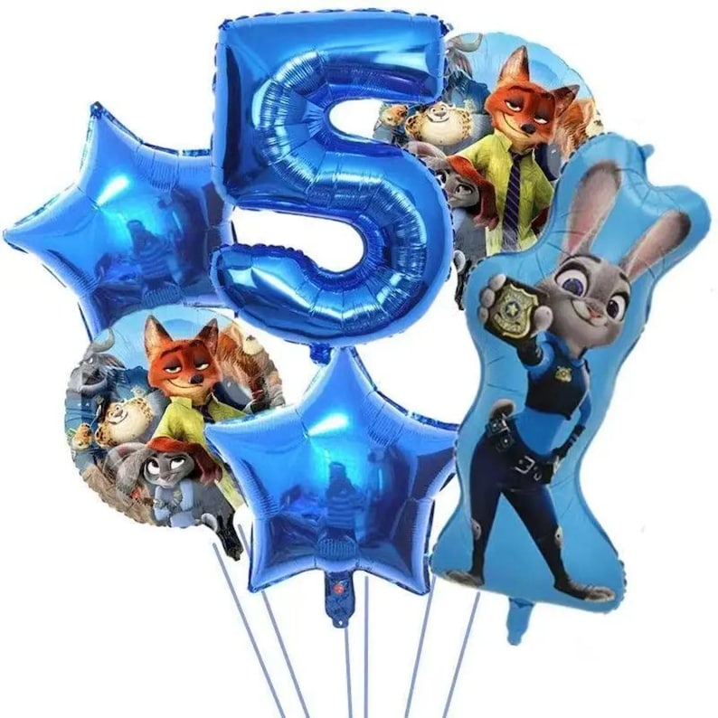 May include: A collection of blue foil balloons, including a large number 5 and star shapes. The balloons feature characters from the animated movie "Zootopia", including Judy Hopps and Nick Wilde. Perfect for a birthday celebration.