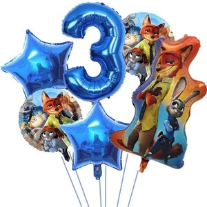 May include: A collection of blue foil balloons, including a number 3 and star shapes, alongside character balloons featuring Nick Wilde and Judy Hopps from Zootopia. The balloons are arranged on thin, silver strings, suitable for a birthday celebration.