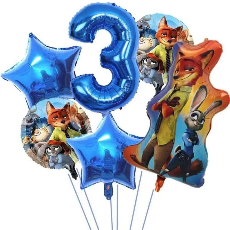 May include: A collection of blue foil balloons, including a number 3 and star shapes, alongside character balloons featuring Nick Wilde and Judy Hopps from Zootopia. The balloons are arranged on thin, silver strings, suitable for a birthday celebration.