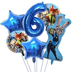 May include: A collection of blue foil balloons, including a large number 6 and star shapes. Character balloons feature Judy Hopps and Nick Wilde from Zootopia. Perfect for a birthday celebration.
