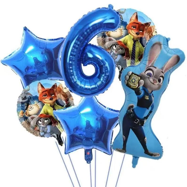 May include: A collection of blue foil balloons, including a large number 6 and star shapes. Character balloons feature Judy Hopps and Nick Wilde from Zootopia. Perfect for a birthday celebration.