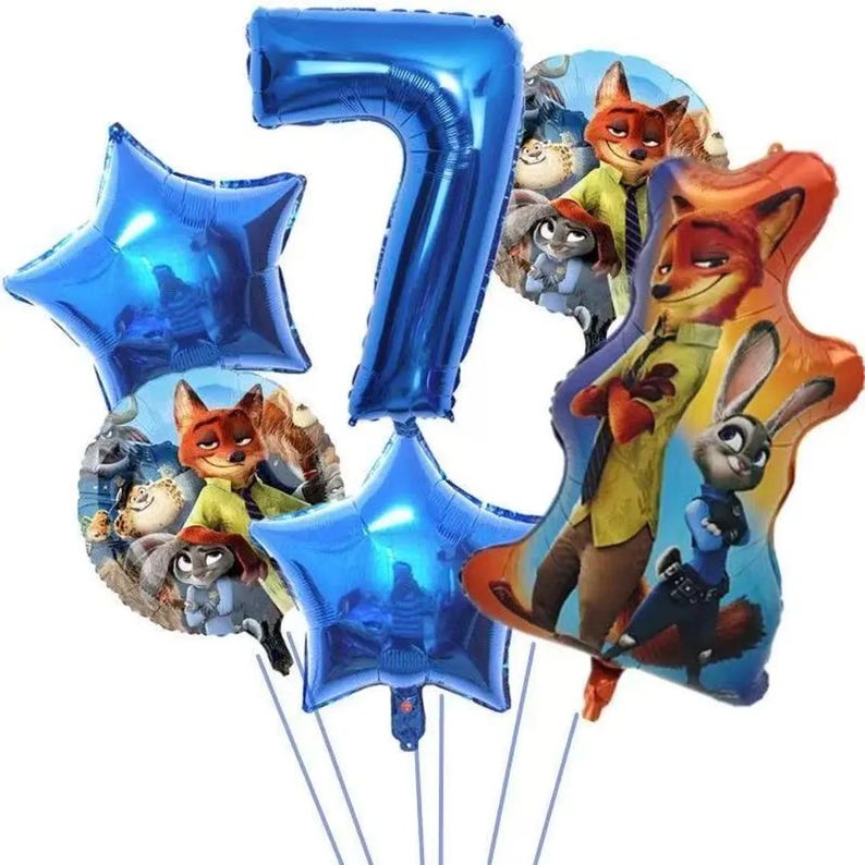 May include: A collection of blue foil balloons, including star-shaped and number 7 balloons. Several balloons feature characters from the animated film "Zootopia", including Nick Wilde and Judy Hopps. The balloons are attached to silver strings.