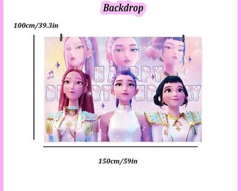 Kit de decoração para festa de aniversário K-pop, incluindo banner, balões e enfeites temáticos.