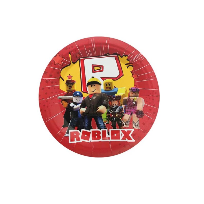 Puede incluir: Un plato de papel redondo con fondo rojo, un dise&ntilde;o de salpicadura amarilla, el logotipo de Roblox y cinco figuras de personajes en bloque. La palabra Roblox est&aacute; impresa en letras blancas en la parte inferior, rodeada de estrellas.