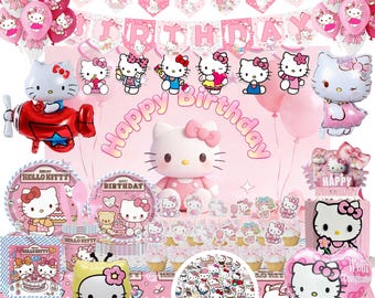 296 Pcs Hello Kitty Birthday Party Decoration Set - Cake Toppers, Banner, Backdrop, Table Cloth, Balloon