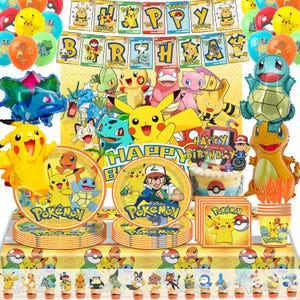 May include: A colorful Pokémon-themed birthday party set. Includes balloons, banners, plates, cups, napkins, and a cake. The decorations feature Pikachu and other popular Pokémon characters. The banner spells out "Happy Birthday".