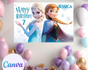 Painel de fundo de festa personalizado e editável, decoração de banner para festa de aniversário Frozen, fundo de aniversário para impressão, download instantâneo.