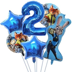 May include: A collection of blue foil balloons, including a large number 2 and star shapes. Several balloons feature characters from the animated film "Zootopia". The balloons are arranged together, likely for a birthday celebration.