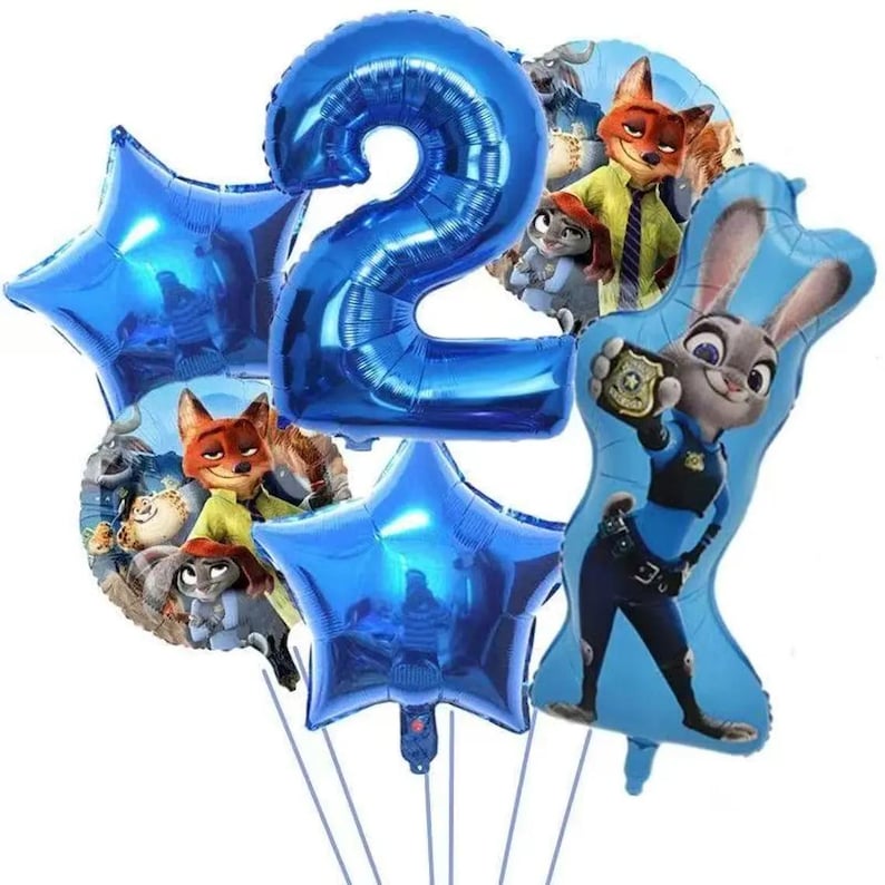 May include: A collection of blue foil balloons, including a large number 2 and star shapes. Several balloons feature characters from the animated film "Zootopia". The balloons are arranged together, likely for a birthday celebration.