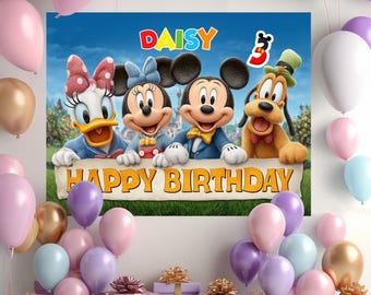 Cenário para festa na piscina com nome personalizado do Mickey Mouse, decoração de aniversário, cenário para impressão de aniversário, banner de aniversário personalizado