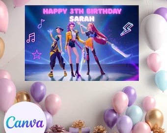 Painel de fundo de festa personalizado e editável, banner de aniversário com tema de caçador de demônios Kpop, download instantâneo para impressão.