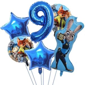 May include: A collection of blue foil balloons, including a number 9 and star shapes, along with character balloons featuring Nick Wilde and Judy Hopps from the animated film Zootopia. Perfect for a birthday celebration.