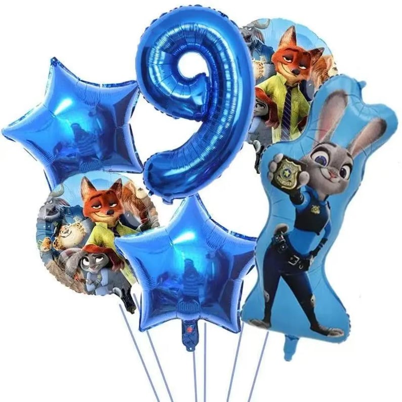 May include: A collection of blue foil balloons, including a number 9 and star shapes, along with character balloons featuring Nick Wilde and Judy Hopps from the animated film Zootopia. Perfect for a birthday celebration.