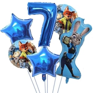 May include: A collection of blue foil balloons, including star-shaped and character-shaped balloons. The balloons feature characters from the animated film Zootopia, and a large blue number 7 balloon. Perfect for a birthday celebration.