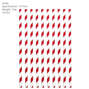 May include: Ten drinking straws with a red and white diagonal striped pattern. The text on the image reads: straw, Specification: 19.7cm, Weight: 12g, 10 PCS. Each straw is cylindrical and features a consistent repeating color design.