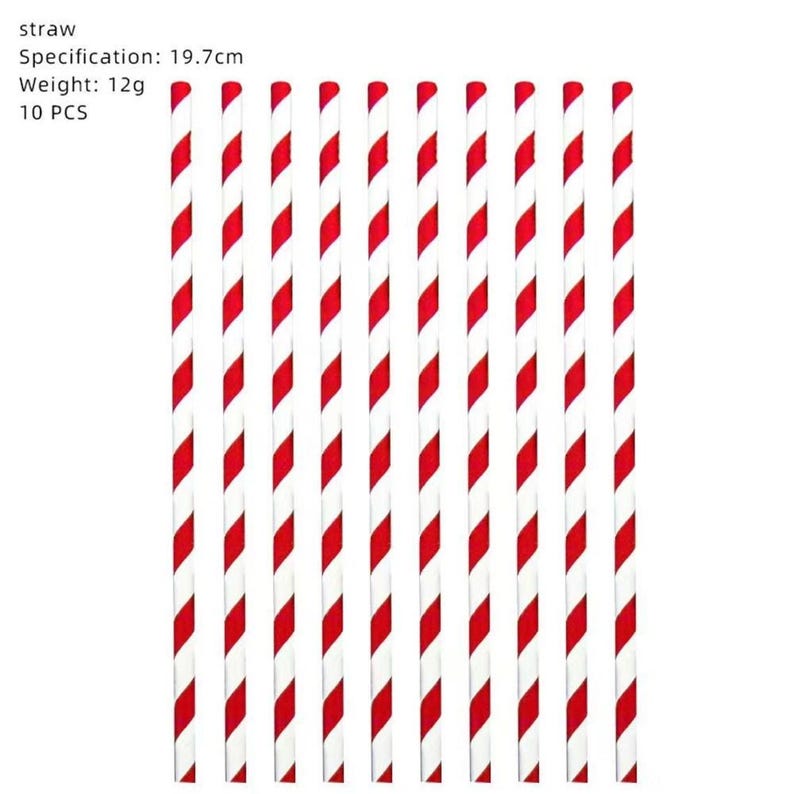May include: Ten drinking straws with a red and white diagonal striped pattern. The text on the image reads: straw, Specification: 19.7cm, Weight: 12g, 10 PCS. Each straw is cylindrical and features a consistent repeating color design.