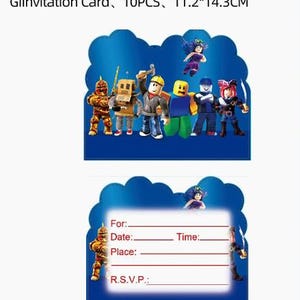 Puede incluir: Un juego de 10 tarjetas de invitaci&oacute;n de 11,2 por 14,3 cm, con un fondo azul y varias figuras de estilo bloque. El reverso incluye l&iacute;neas rojas impresas con el texto For, Date, Time, Place y R.S.V.P. para completar la informaci&oacute;n.