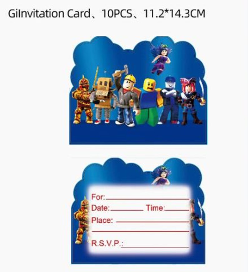 Puede incluir: Un juego de 10 tarjetas de invitaci&oacute;n de 11,2 por 14,3 cm, con un fondo azul y varias figuras de estilo bloque. El reverso incluye l&iacute;neas rojas impresas con el texto For, Date, Time, Place y R.S.V.P. para completar la informaci&oacute;n.