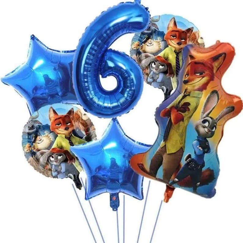 May include: A collection of Zootopia-themed balloons. Includes a large blue number 6 balloon, star-shaped balloons, and character balloons featuring Nick Wilde and Judy Hopps. Perfect for a birthday celebration.