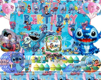 190 Pcs Stitch Birthday Party Decoration Set - Cake Toppers, Backdrop, Balloons, Banner, Table Cloth, Party Supplies Set