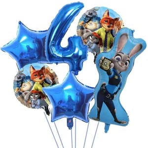 May include: A collection of blue foil balloons, including a number 4 and star shapes. Several balloons feature characters from the animated movie "Zootopia", including Judy Hopps and Nick Wilde. The balloons are tied together with white string.