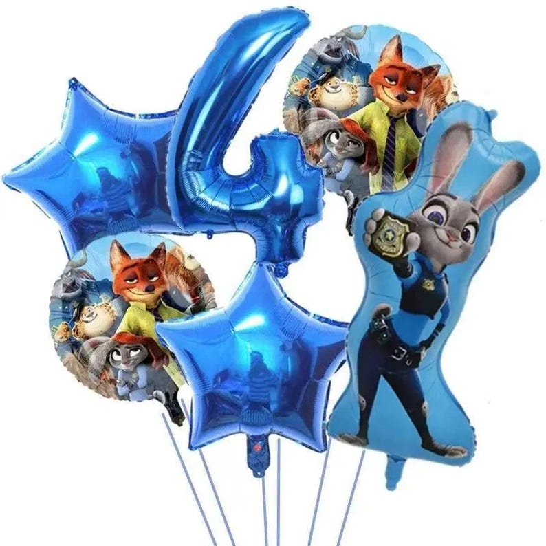 May include: A collection of blue foil balloons, including a number 4 and star shapes. Several balloons feature characters from the animated movie "Zootopia", including Judy Hopps and Nick Wilde. The balloons are tied together with white string.