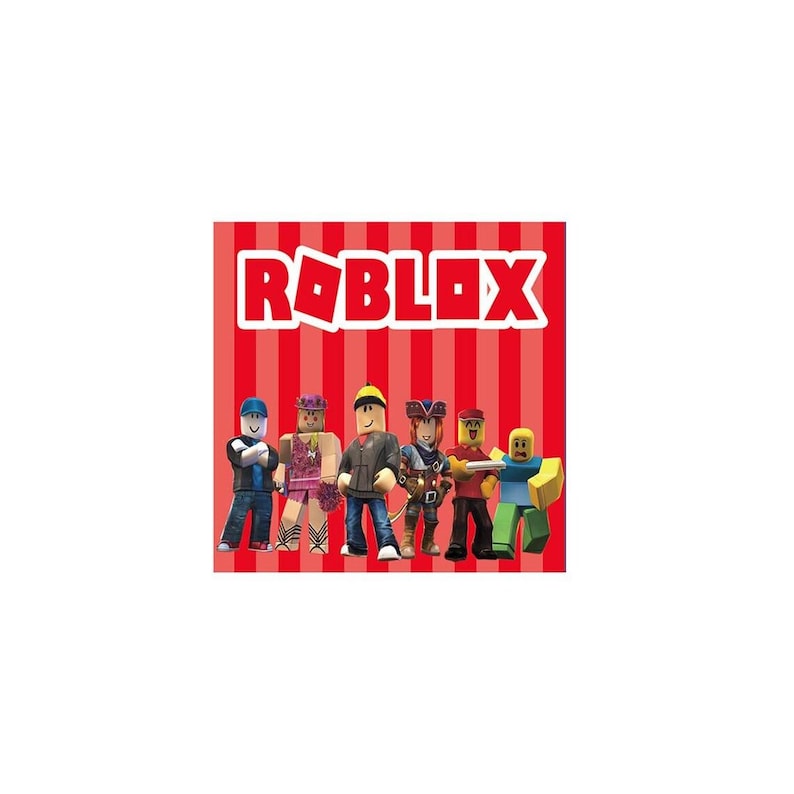 Puede incluir: Un gr&aacute;fico cuadrado que presenta el logotipo de Roblox en rojo y blanco en la parte superior, sobre un fondo de rayas verticales rojas. Debajo del logotipo, seis figuras estilizadas y cuadradas est&aacute;n alineadas, vistiendo atuendos coloridos.