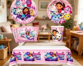 Conjunto de louça para festa de aniversário da casa de bonecas da Gabby, incluindo toalha de mesa, painel de fundo, pratos, copos, guardanapos e canudos.