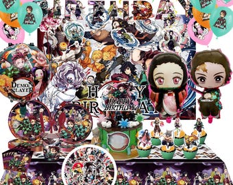 240 Pcs Demon Slayer Birthday Party Decoration Set - Cake Toppers, Banner, Backdrop, Table Cloth, Balloon