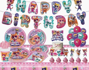 Decoração para Festa de Aniversário com Tema de Super-Heróis Gatinhos – Balões, Faixa, Guardanapos, Topo de Bolo, Toalha de Mesa