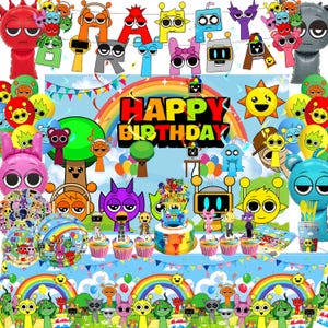 May include: A colorful birthday party scene with balloons, a rainbow, and the words "Happy Birthday." Includes a cake, cupcakes, and various cartoon character decorations. The table is covered with a matching tablecloth.