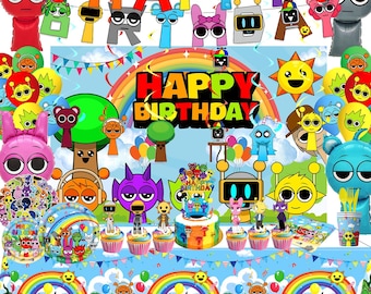 231 Pcs Sprunki Birthday Party Decoration Set - 24 Cake Toppers, 18 Balloons, Happy Birthday Banner, Table Cloth, Backdrop