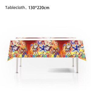 May include: A rectangular tablecloth measuring 130 by 220 cm featuring a colorful cartoon print of jester-like characters and the text HAPPY BIRTHDAY. The design includes red curtains, blue shapes, and vibrant yellow, orange, and red accents.