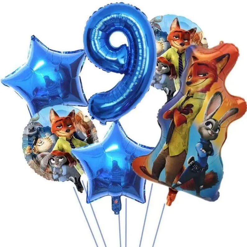 May include: A collection of foil balloons, including a large blue number 9 and several star-shaped balloons. The balloons feature characters from the animated movie "Zootopia", with images of Nick Wilde and Judy Hopps.