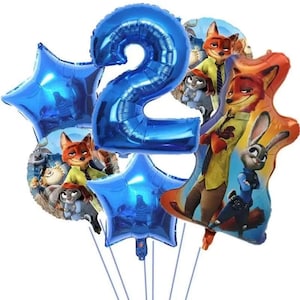 May include: A collection of blue foil balloons, including a large number 2 and star-shaped balloons. Several balloons feature characters from the animated film "Zootopia", including Nick Wilde and Judy Hopps. Perfect for a child's birthday party.