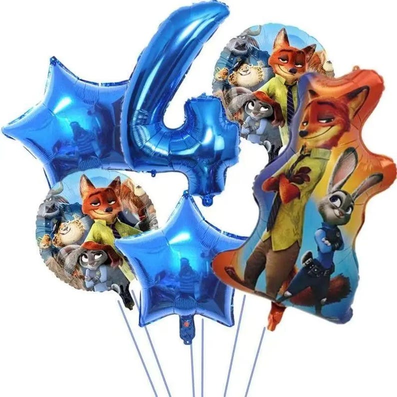 May include: A collection of foil balloons, including a large blue number 4, star-shaped balloons, and character balloons featuring Zootopia's Nick Wilde and Judy Hopps. The balloons are attached to white strings.