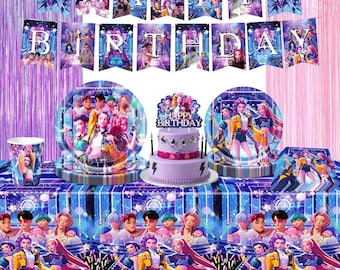 Kit de decoração para festa de aniversário K-pop – Balões, enfeites de bolo, faixa decorativa e toalha de mesa.