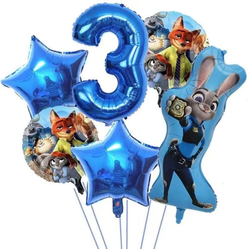 May include: A collection of blue foil balloons, including a large number 3 and star-shaped balloons. Several character balloons from the movie Zootopia are also present, featuring Judy Hopps and Nick Wilde. Perfect for a child's birthday party.