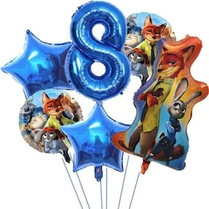 May include: A collection of foil balloons in blue and character designs. The set includes a large number 8 balloon, star-shaped balloons, and character balloons featuring a fox and a rabbit.