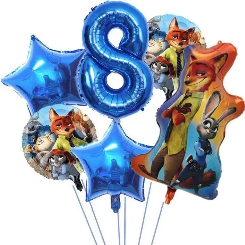 May include: A collection of foil balloons in blue and character designs. The set includes a large number 8 balloon, star-shaped balloons, and character balloons featuring a fox and a rabbit.