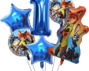 Conjunto de balões para festa de aniversário com tema policial, incluindo o coelho da raposa de Zootopia.