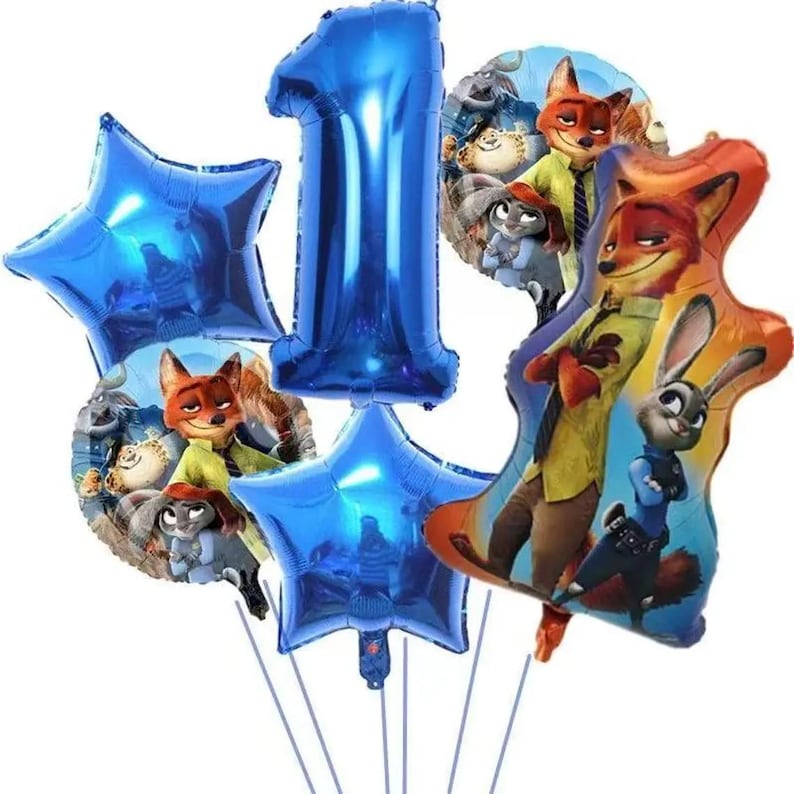 May include: A collection of blue foil balloons, including a number 1 and star shapes, along with character balloons featuring Nick Wilde and Judy Hopps from the animated film Zootopia. The balloons are tied together with silver string.