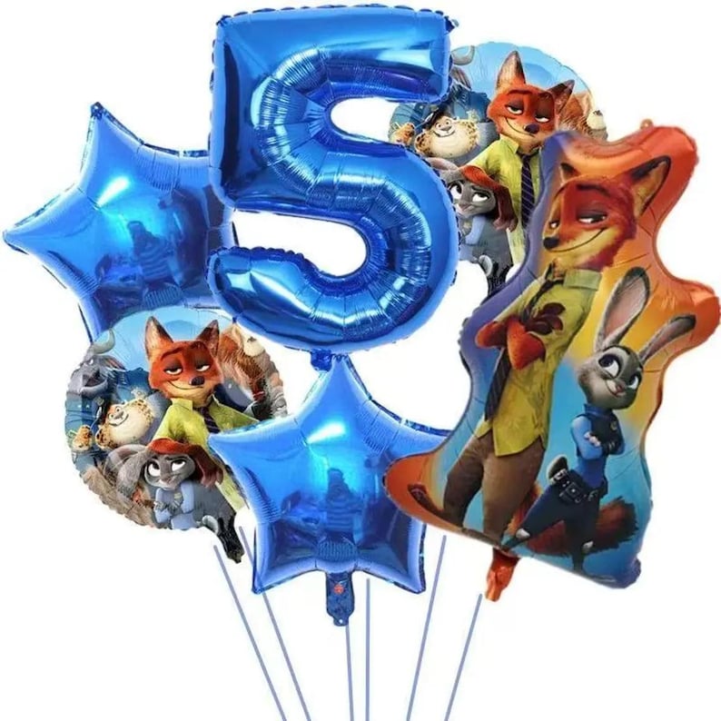 May include: A collection of blue foil balloons, including a large number 5 and star shapes. Several balloons feature characters from the animated movie Zootopia, including Nick Wilde and Judy Hopps. The balloons are arranged together for a birthday celebration.