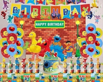 Kit de Decoração para Festa de Aniversário da Vila Sésamo - Balões, Faixas, Toppers de Bolo, Toalha de Mesa, Painel de Fundo