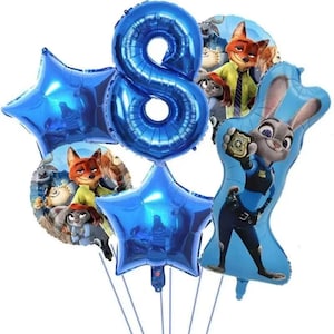 May include: A collection of blue foil balloons, including a large number 8, star-shaped balloons, and character balloons featuring Judy Hopps and Nick Wilde from Zootopia. The balloons are arranged together, likely for a birthday celebration.