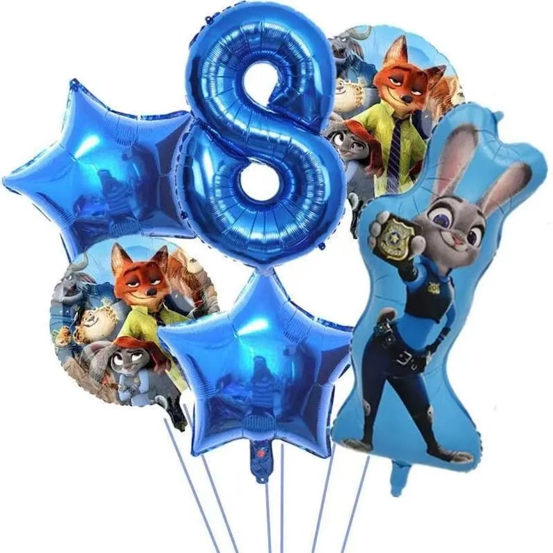 May include: A collection of blue foil balloons, including a large number 8, star-shaped balloons, and character balloons featuring Judy Hopps and Nick Wilde from Zootopia. The balloons are arranged together, likely for a birthday celebration.