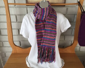 Hand knit striped sock yarn scarf/unisex/blue/pink/purple/ multi-colored